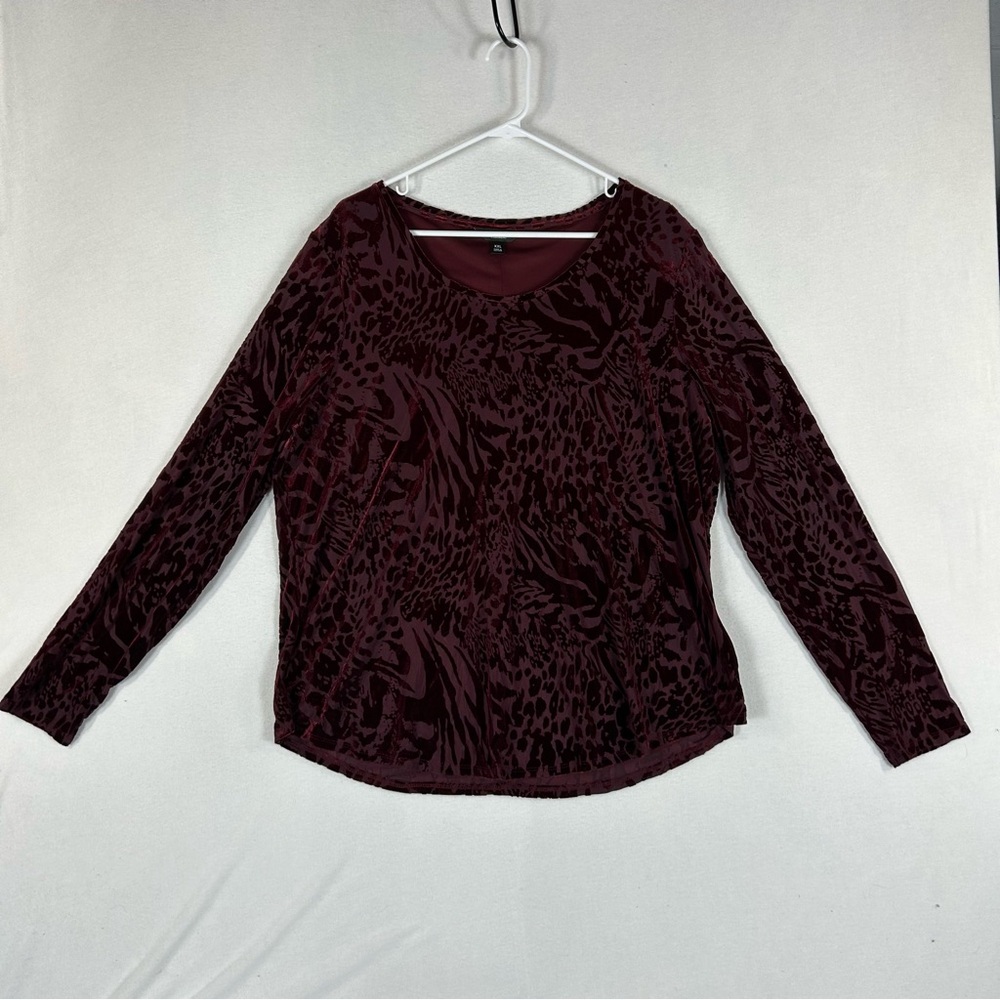 Simply Vera Red Crushed Velvet Animal Print Top Womens XXL Long Sleeve Lined